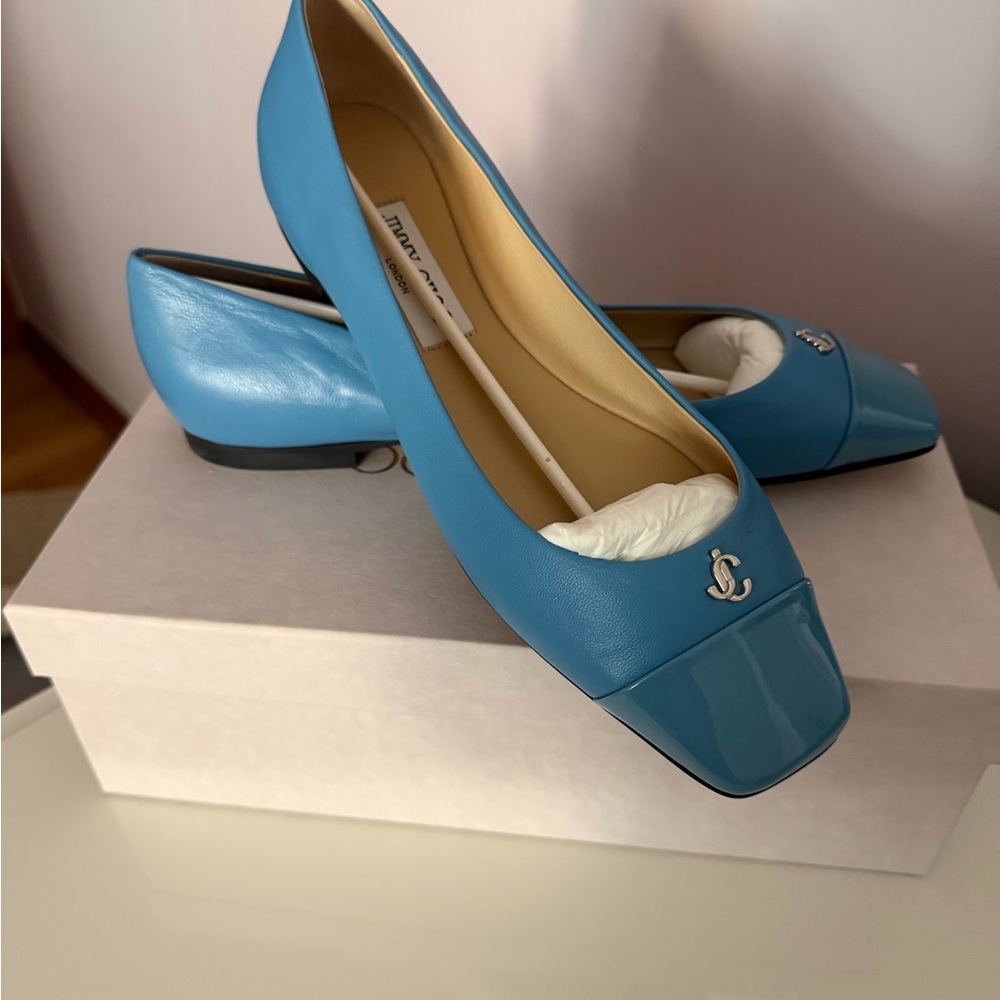 Jimmy Choo Blue Square-Toe Flats with Silver Detail New